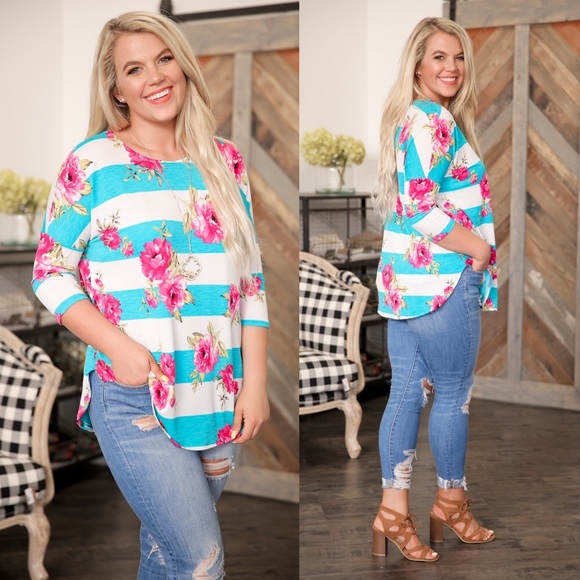 PLUS Turquoise and White Floral Striped Tunic - Picture 3 of 3